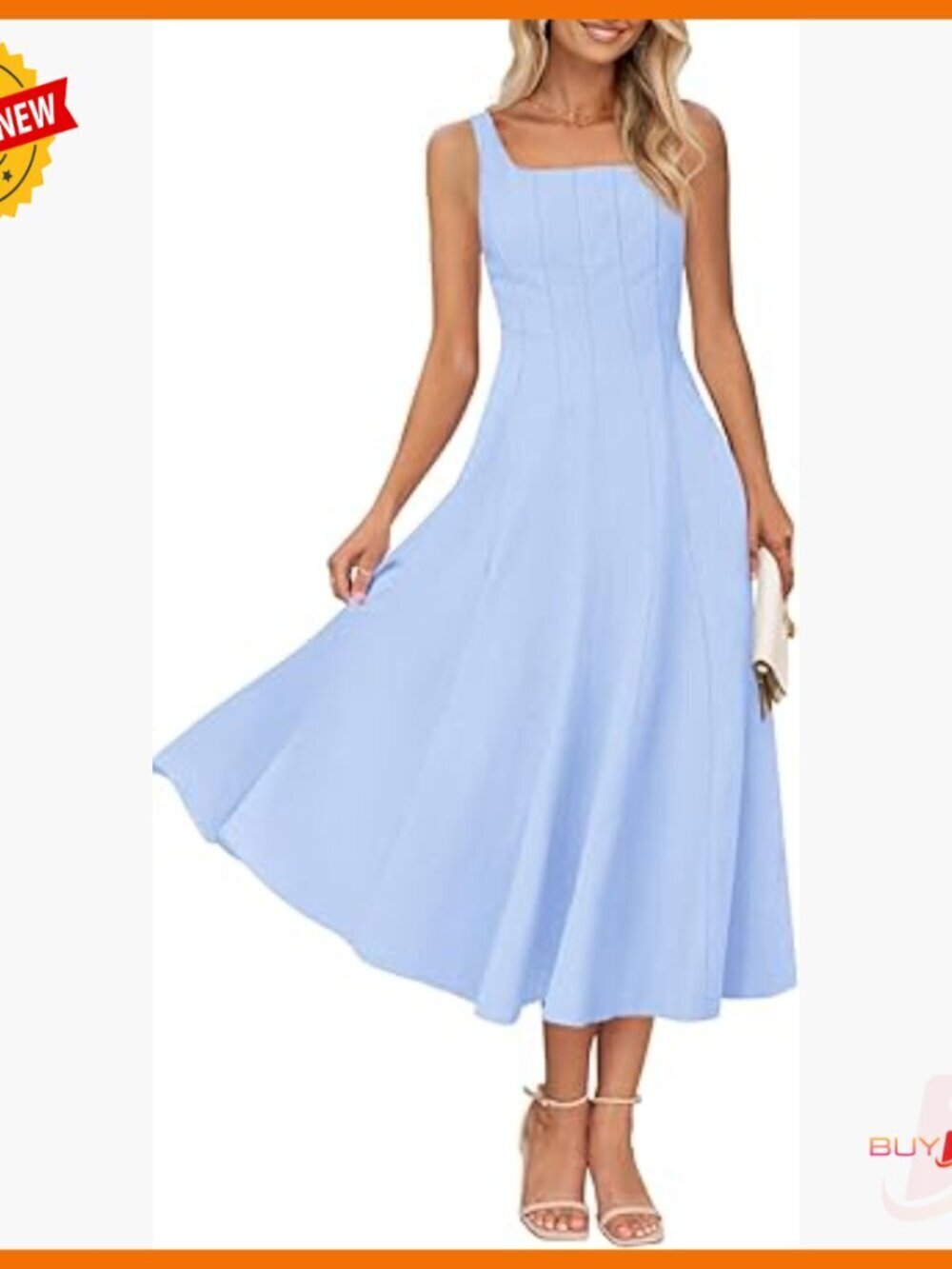 Sleeveless Midi Dress Square Neck Smocked Back A-Line Flowy Summer